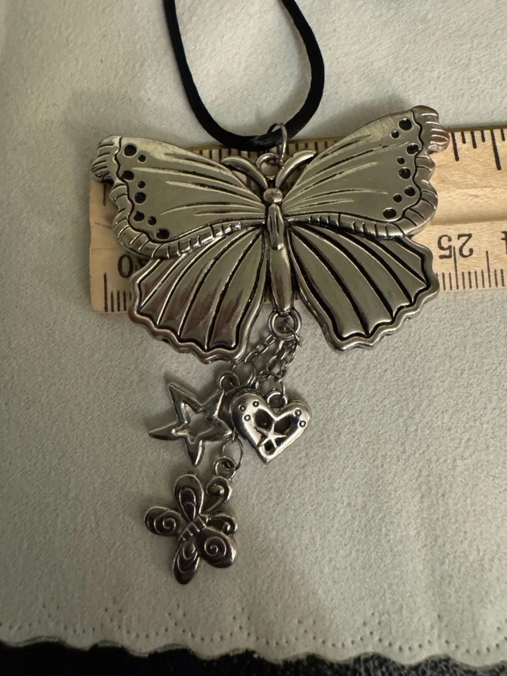 Double-Sided Butterfly Pendant Necklace with Charm Drops - Silver Tone